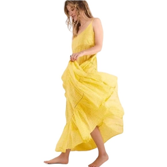 NWT Free People Midnight Dance Print Maxi in Canary Combo XS Tiered Crochet - Picture 3 of 15